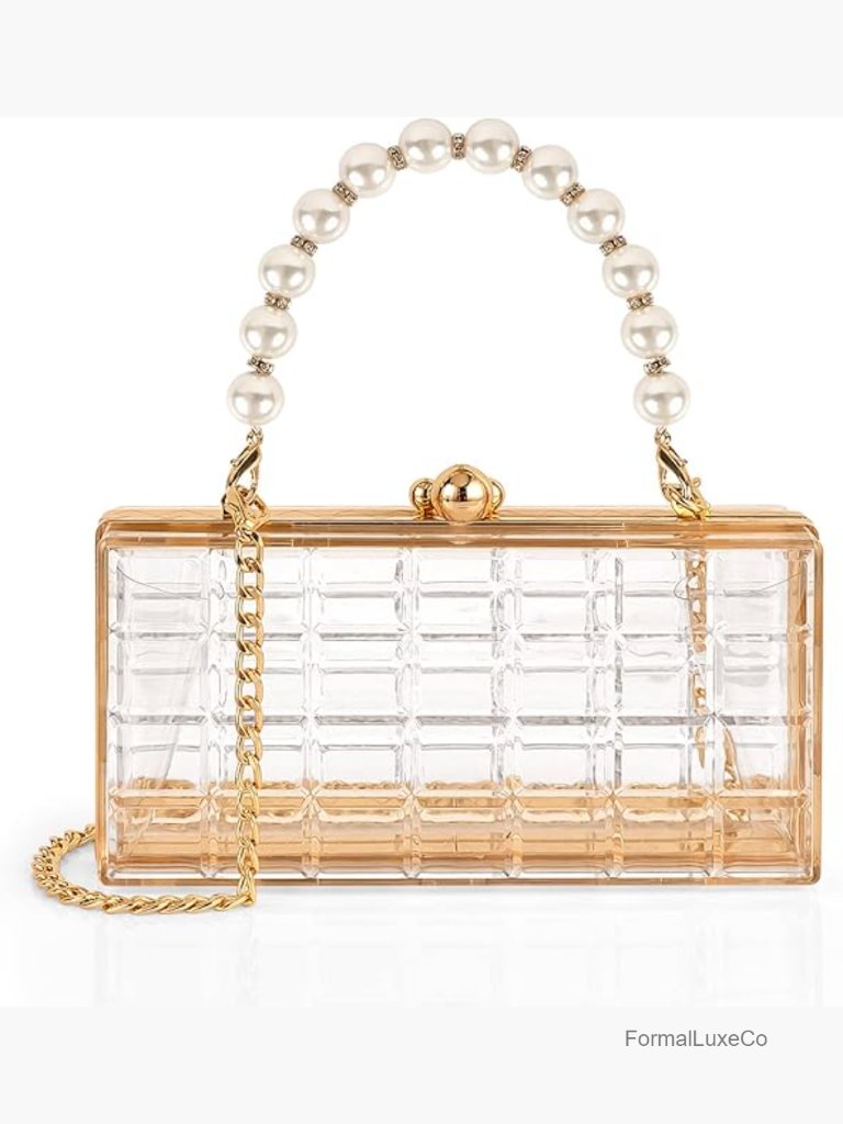 Acrylic Clutch With Pearl Handle And Gold Chain Crossbody
